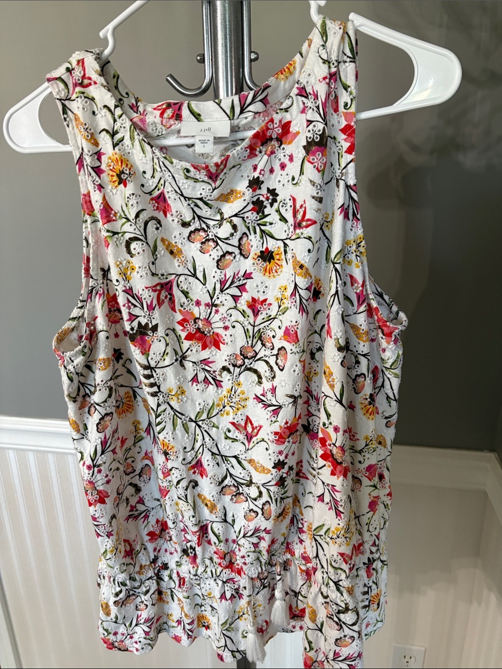 J. Jill White Floral Drawstring Tank with Multicolor Blooms